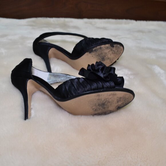 Max Studio Black Satin Slingback Heels 7.5 Floral Peep Toe Stiletto Slip On - Picture 4 of 14